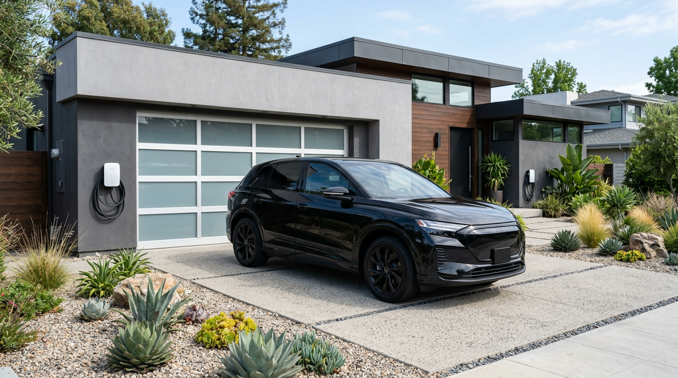 SUV noir devant une maison contemporaine, deux bornes murales sur la façade du garage (image générée)