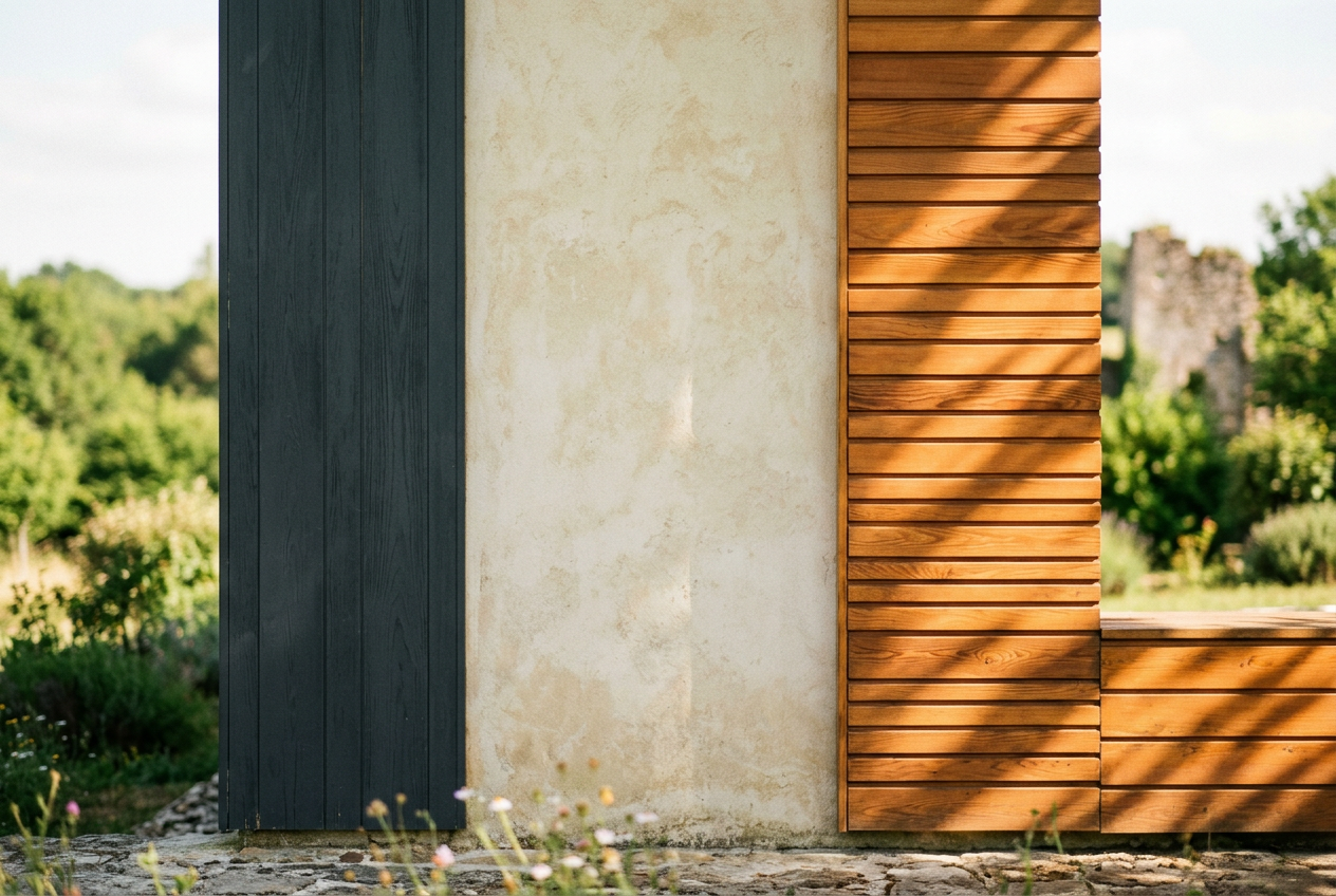 Mur de maison en bois chaud et enduit clair, photographie générée en arrière-plan