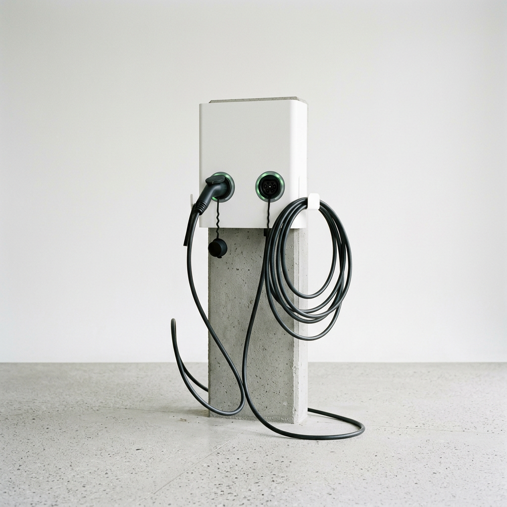Borne de recharge sur pilier béton dans un parking d’immeuble (image générée)
