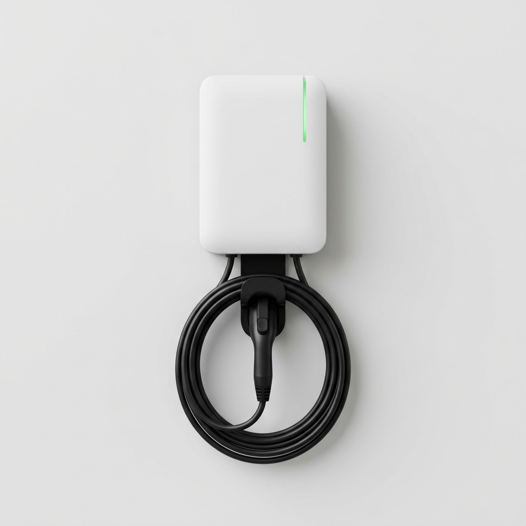 Borne de recharge murale blanche avec son câble noir enroulé (image générée)