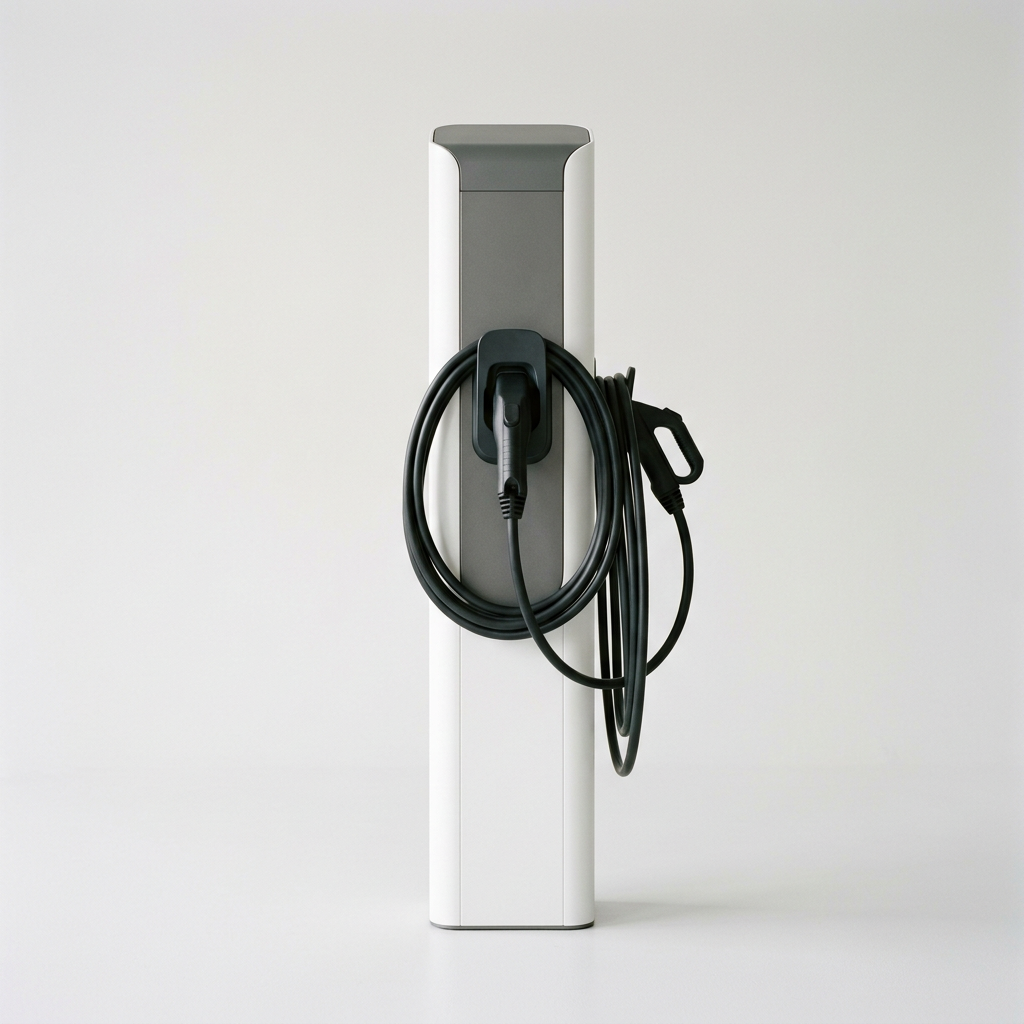 Borne de recharge publique blanche et graphite avec son câble (image générée)